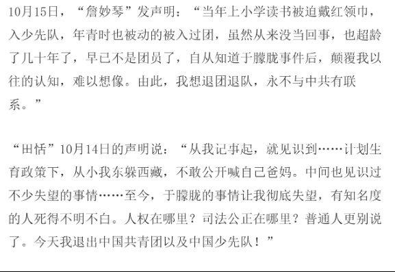 于朦胧冤死案掀起退党大潮——退党申明书截图