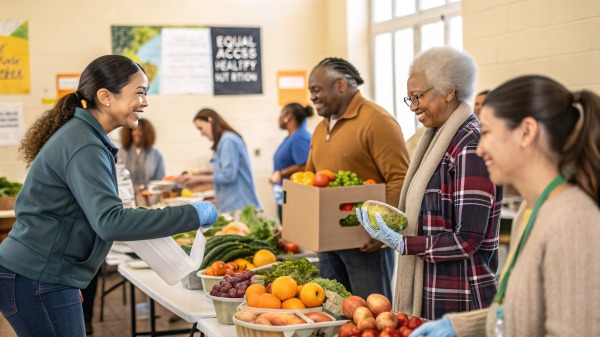 在食物銀行等待領取食物的人們