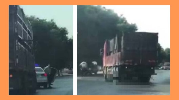 中共交警拦截大货车，结果被被撞倒碾过。