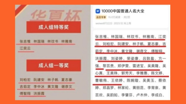 大陸造假成風,各種大賽獲獎名單等都全數照搬百度網站的「人名大全」。