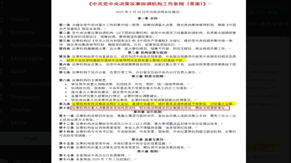 網上瘋傳《中共黨中央決策議事協調機構工作條例（草案）》。（視頻截圖）