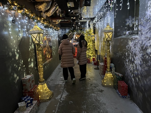 滿是聖誕裝飾的悠長的地道