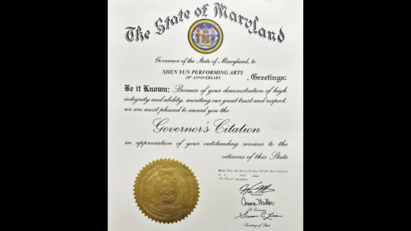 神韻巡演抵華府肯尼迪中心啟幕馬州州長恭賀神韻成立20週年(圖)