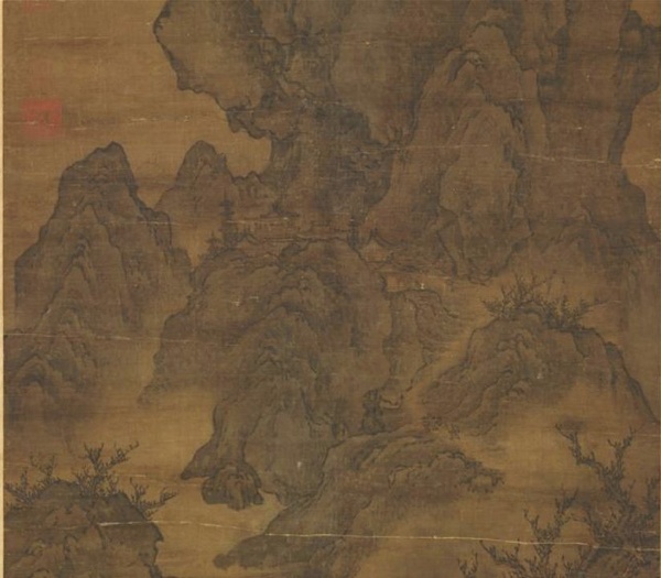 五代梁關仝畫關山行旅 軸 局部