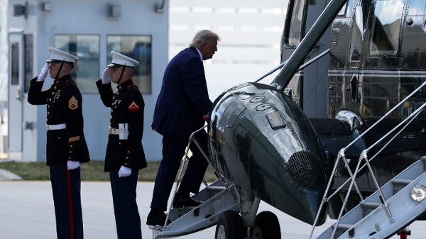 JOINT BASE ANDREWS, MARYLAND - JUNE 19: U.S. President Donald Trump boards Marine One for Camp David after touring the newest aircraft in the presidential fleet at Andrews Air Force Base on June 19, 2026 at Joint Base Andrews, Maryland.