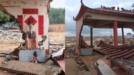 7月6日,廣西橫州洪水沖毀了大量房屋和農田,但當地一座土地公廟裡的土地公神像卻端坐原位,完好無損。