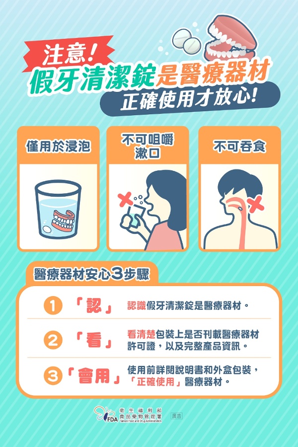 圖片說明：假牙清潔錠是醫療器材，正確使用才放心！