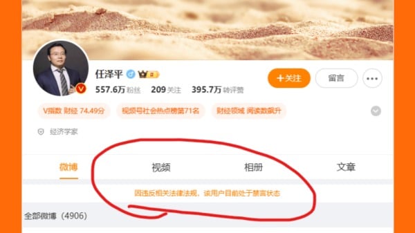 中國經濟學家任澤平疑因以古喻今暗諷習近平，遭到微博禁言。