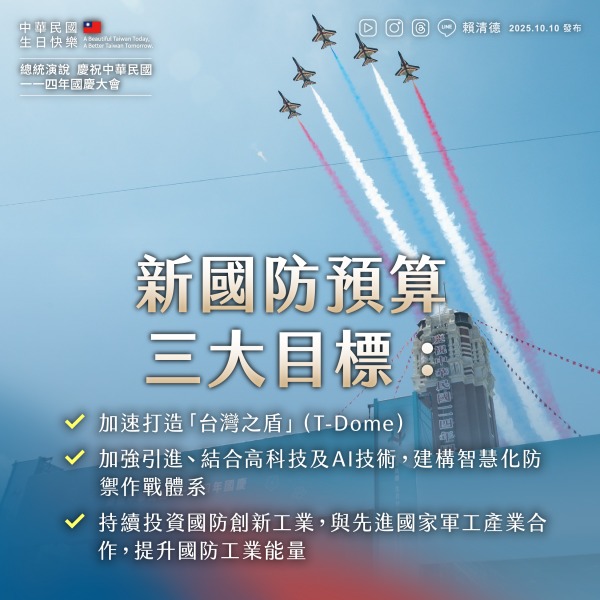 賴總統稱台灣是有決心透過實力維護和平。