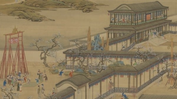 清畫院畫十二月月令圖一月-月令圖是傳統風俗畫之一，此圖描繪農曆正月十五元宵佳節賞花觀燈活動。亭臺樓閣處處張燈結彩，戶外施放煙火，圖中人物集聚品評各色燈具，觀賞滿園盛開梅花。