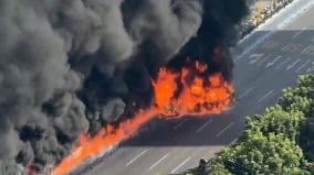廣州車輛碰撞起火引燃沿路火線大量電動車被毀(圖)
