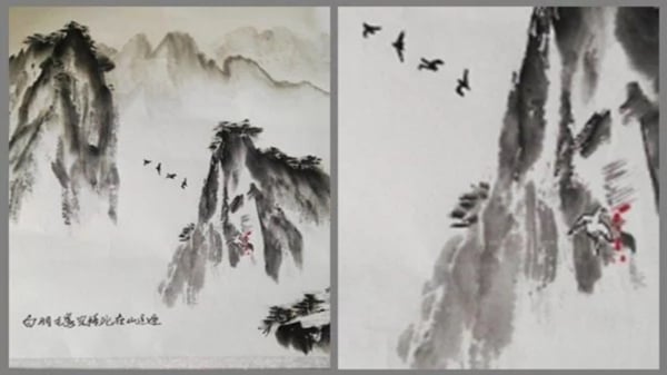 《铁板图》下边写着一行字：白羽毛鸟儿撞死在山这边。（网络图片）