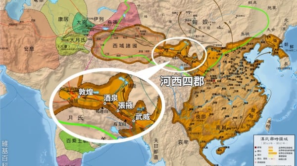 漢武帝時期疆域，「河西四郡」位居漢帝國與西域諸國之間，是陸上絲路必經之地。