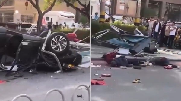 山東轎車瘋撞公交站臺人群掃倒一片傳7死1重傷(組圖)