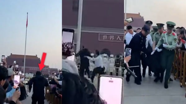 六四”36周年天安门罕见一幕　黑衣男冲向升旗禁区被捕(图)