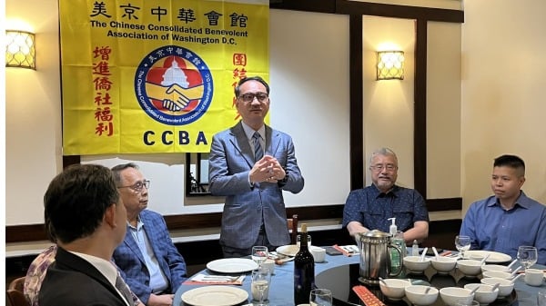 阮昭雄副委員長7月7日中午抵達華府，出席美京中華會館在華埠龍之味餐廳舉辦的歡迎午宴