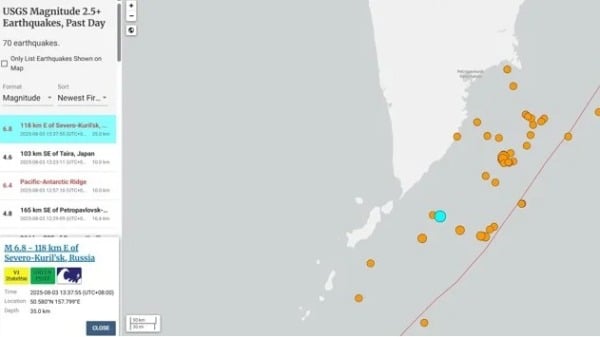 俄羅斯千島群島北端在當地時間2025年8月3日下午17時37分左右，發生一起規模6.8的強烈地震。