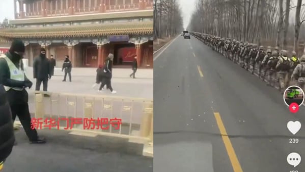 传北京中南海门前黑衣密布河北等地大量军人军车上道(图)