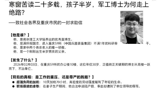 中共兵裝集團30歲軍工博士跳樓老父親發求助信(圖)