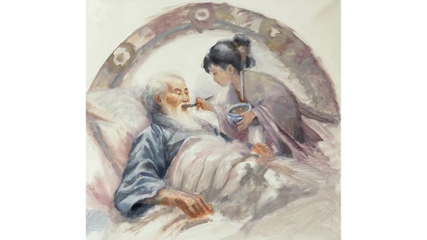 图为以“孝”为题的绘画比赛中，成人作品第一名，作者为Wattana Bounthong。