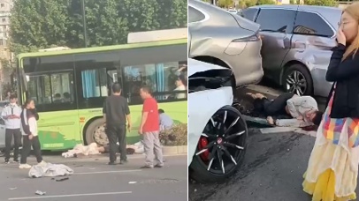 5月22日，陝西省西安市一輛白色轎車在十字路口附近高速衝撞車輛和行人，導致多人被撞飛。