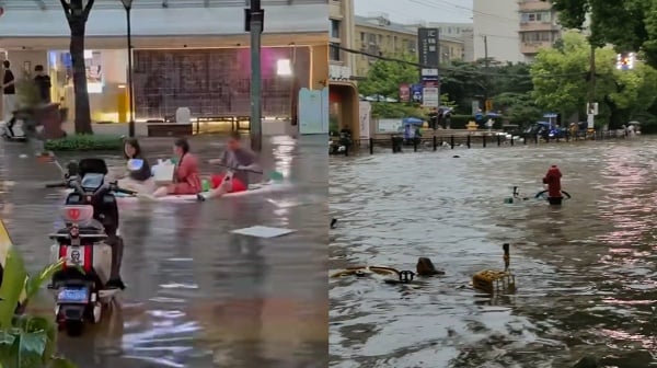 上海暴雨成灾街道行船有一楼进水大超市被淹(图)