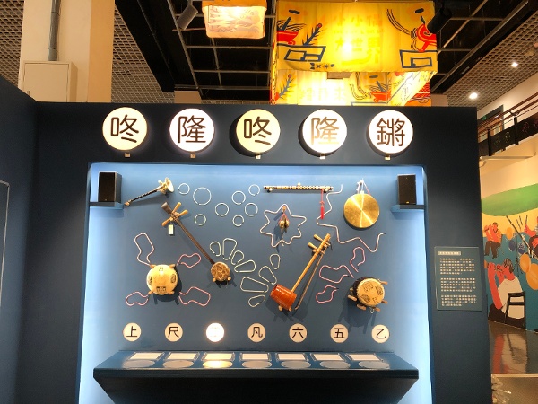 台北偶戲館「咚隆咚隆鏘」音樂牆介紹布袋戲演出時搭配的鑼鼓樂器種類